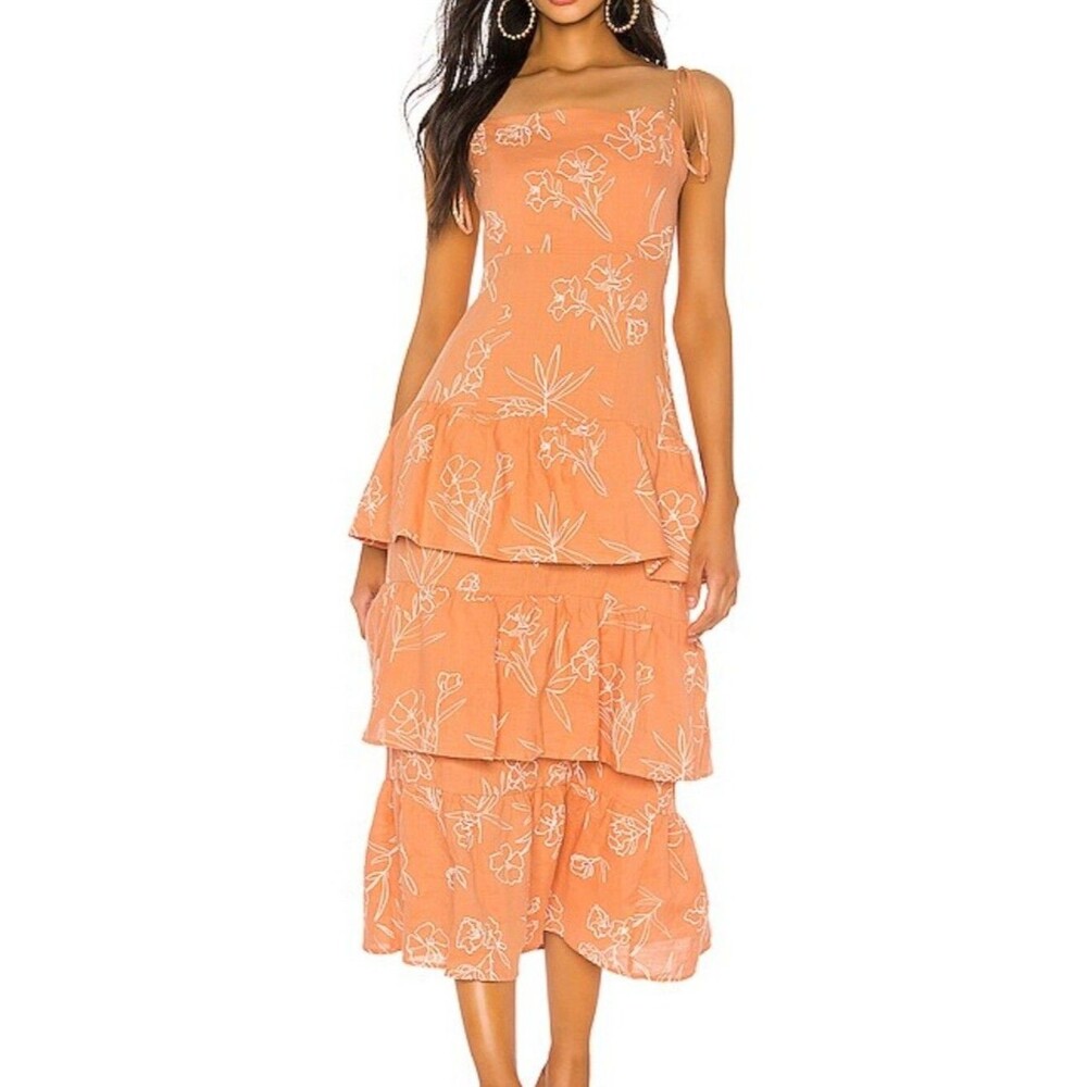 Capulet Quinn Oleander-Print Tiered Midi Dress in Peach. Size L. 100% Linen.